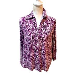 Foxcroft berry color micro animal print rayon fitted fit button down shirt sz 10